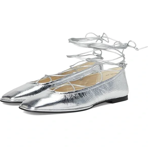 Dolce Vita Metallic Silver Lace-Up Pointed Flats - Picture 1 of 4
